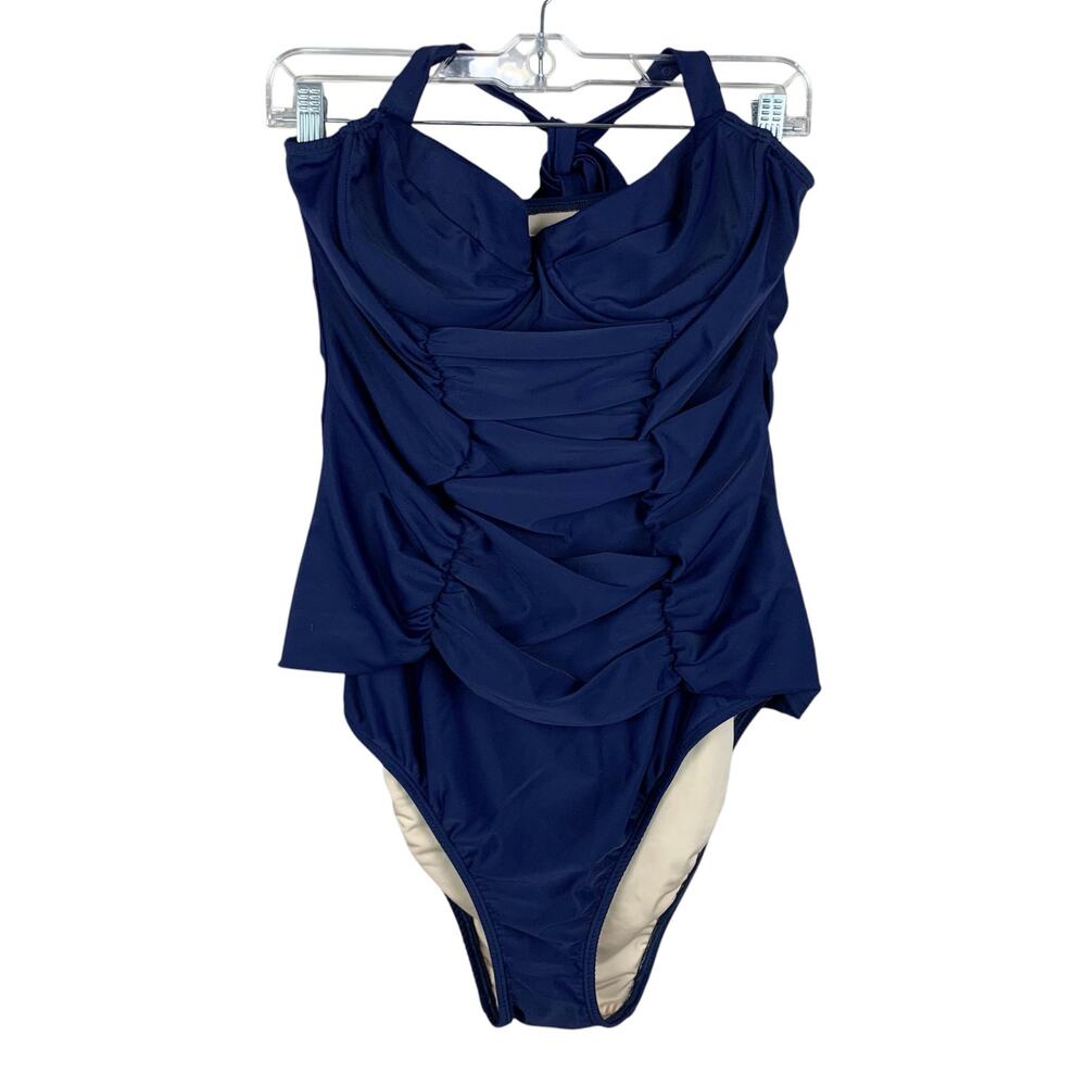 New Shoshanna Swimsuit One Piece Blue Halter Neck Ruched Underwire Women's L D